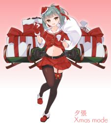 Rule 34 | 1girl, absurdres, adapted costume, belt, black thighhighs, box, brown eyes, commentary request, full body, fur-trimmed gloves, fur-trimmed headwear, fur trim, garter straps, gift, gift box, gloves, gradient background, grey hair, hat, highres, huge filesize, kantai collection, long hair, looking at viewer, machinery, midriff, multicolored hair, navel, pleated skirt, ponytail, red background, red gloves, red hat, red shirt, red skirt, sack, sailor collar, sailor shirt, santa hat, school uniform, serafuku, shirt, skirt, solo, thighhighs, tilted headwear, uut, white background, white sailor collar, yuubari (kancolle)