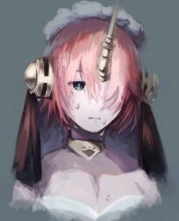 Rule 34 | 1girl, blue eyes, crying, fate/apocrypha, fate (series), faux traditional media, frankenstein&#039;s monster (fate), grey background, hair over one eye, headgear, horns, mechanical horns, mushiao, pink hair, sad, short hair, single horn, solo, tears, veil