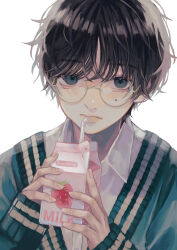 Rule 34 | 1boy, absurdres, black hair, blue cardigan, blue eyes, cardigan, choppy bangs, closed mouth, commentary, drink, drinking, drinking straw, drinking straw in mouth, english text, fingernails, food print, glasses, grey-framed eyewear, grey stripes, highres, holding, holding drink, lips, long sleeves, looking at viewer, male focus, milk carton, mole, mole under eye, original, patchwork, round eyewear, shirt, short hair, simple background, sleeves past wrists, solo, straight-on, strawberry milk, strawberry print, striped, symbol-only commentary, triangle, upper body, white background, white shirt