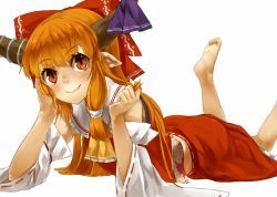 Rule 34 | 1girl, alternate costume, ascot, barefoot, bow, cosplay, detached sleeves, fang, feet, hair bow, hair ornament, hair ribbon, twirling hair, hakurei reimu, hakurei reimu (cosplay), head rest, horn ornament, horn ribbon, horns, ibuki suika, image sample, japanese clothes, long hair, long sleeves, looking at viewer, lying, miko, nishiuri, on stomach, oni, orange hair, pointy ears, red eyes, ribbon, shirt, simple background, skirt, skirt set, smile, soles, solo, touhou, white background, wide sleeves