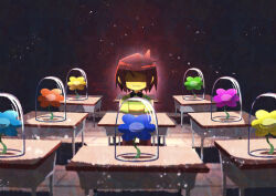 Rule 34 | 1other, :|, absurdres, androgynous, artist name, brown hair, capsule, child, classroom, closed mouth, colored skin, commentary request, covered eyes, deltarune, desk, expressionless, facing viewer, flower, green sweater, highres, indoors, kris (deltarune), other focus, school desk, shaded face, short hair, signature, sitting, solo, sweater, watawata22, yellow skin