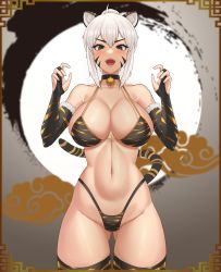 Rule 34 | 1girl, absurdres, animal ears, animal print, bare hips, bare shoulders, bikini, black eyes, breasts, chinese zodiac, choker, claw pose, cleavage, collar, elbow gloves, epko, facial mark, female focus, gloves, gluteal fold, highleg, highleg bikini, highres, large breasts, looking at viewer, navel, neck bell, neck bell, new year, open mouth, original, print bikini, short hair, solo, swimsuit, tail, thick thighs, thigh gap, thighhighs, thighs, tiger ears, tiger girl, tiger print, tiger stripes, tiger tail, white hair, year of the tiger