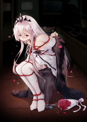 Rule 34 | arms behind back, bare shoulders, bdsm, black background, blush, bondage, bound, bouquet, breasts, character request, chinese commentary, commentary request, crown, dress, flower, gag, girls&#039; frontline, hair between eyes, highres, kar98k (purity in vermilion) (girls&#039; frontline), looking at viewer, official alternate costume, open clothes, open dress, petals, red eyes, red robe, restrained, robe, saliva, sidelocks, sitting, small breasts, solo, thighhighs, tied to chair, tile floor, tiles, white dress, white hair, white thighhighs, wiffle gag, yiduan zhu