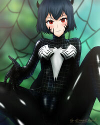 Rule 34 | 1girl, black bodysuit, black clover, black hair, bodysuit, breasts, cosplay, demon horns, female focus, highres, horns, looking at viewer, marvel, outstretched arm, red eyes, s. rena raziel, secre swallowtail, short hair, silk, sitting, small breasts, smile, spider-man (series), spider web, spider web print, symbiote, text focus, uncensored, venom (marvel), venom (marvel) (cosplay)