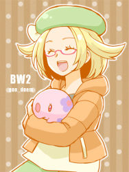 Rule 34 | 1girl, bianca (pokemon), blonde hair, brown background, commentary request, copyright name, creatures (company), game freak, gen 5 pokemon, glasses, hat, munna, nintendo, pokemon, pokemon (creature), pokemon bw, pokemon bw2, short hair, simple background, standing