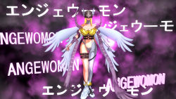 Rule 34 | 1girl, 3d, angewomon, asymmetrical clothes, blonde hair, breasts, character name, cleavage, digimon, helmet, highres, large breasts, long hair, midriff, navel, solo, wings