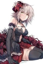 Rule 34 | 1girl, armlet, bare shoulders, black dress, black gloves, black thighhighs, blush, bow, breasts, choker, cleavage, clothing cutout, collarbone, dress, elbow gloves, fate/grand order, fate (series), flower, gloves, hair between eyes, hair bow, hair flower, hair ornament, hirai yuzuki, jeanne d&#039;arc (fate), jeanne d&#039;arc alter (avenger) (fate), jeanne d&#039;arc alter (fate), jewelry, large breasts, looking at viewer, navel, navel cutout, pendant, red skirt, short hair, silver hair, simple background, sitting, skirt, solo, thighhighs, thighs, twitter username, white background, yellow eyes