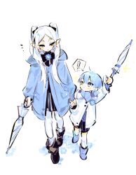 Rule 34 | 1boy, 1girl, aged down, black shorts, blue eyes, blue hair, blue jacket, boots, bow, bowtie, earrings, elf, expressionless, frieren, full body, highres, himmel (sousou no frieren), holding, holding hands, holding umbrella, jacket, jewelry, long hair, looking at another, pantyhose, pointy ears, rourow, shorts, simple background, smile, sousou no frieren, sparkle, umbrella, white background, white hair, white jacket, white pantyhose