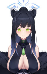 Rule 34 | 1girl, absurdres, animal ear fluff, animal ears, black hair, blue archive, breasts, cleavage cutout, closed mouth, clothing cutout, fur trim, green eyes, hair ornament, halo, highres, large breasts, long hair, looking at viewer, off shoulder, ponytail, sbbs, shun (blue archive), sideboob, simple background, smile, solo, tassel, tiger ears, upper body, white background