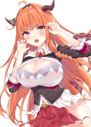 Rule 34 | 1girl, absurdres, ahoge, bare hips, black hairband, blonde hair, bow, breasts, claw pose, cleavage, corset, cowboy shot, dragon girl, dragon horns, dragon tail, framed breasts, frilled sleeves, frills, hairband, highres, hololive, horn bow, horn ornament, horns, kiryu coco, kiryu coco (1st costume), large breasts, long hair, looking at viewer, miniskirt, multicolored hair, navel, open mouth, orange hair, pleated skirt, pointy ears, red eyes, red skirt, side-tie skirt, simple background, skirt, solo, tail, taracomax, untied, very long hair, virtual youtuber, white background
