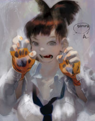 Rule 34 | 1girl, animal hands, bad id, bad pixiv id, brown hair, fangs, looking at viewer, loose necktie, necktie, open mouth, original, romaji text, solo, tiger paws, tokiya, upper body