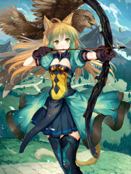 Rule 34 | 1girl, abusoru, ahoge, animal ears, arrow (projectile), atalanta (fate), bird, blonde hair, bow (weapon), cat ears, drawing bow, eagle, fate/apocrypha, fate/grand order, fate (series), feathers, gradient hair, green eyes, green hair, highres, holding bow (weapon), long hair, mountain, multicolored hair, solo, tail, thighhighs, two-tone hair, weapon, zettai ryouiki