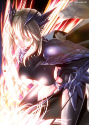 Rule 34 | 1girl, armor, artoria pendragon (fate), artoria pendragon (lancer) (fate), artoria pendragon (lancer alter) (fate), blonde hair, braid, breasts, cape, commentary request, crotch plate, fate (series), french braid, gauntlets, glowing, hair ornament, highres, large breasts, mattari yufi, open mouth, shoulder armor, sideboob, sidelocks, smile, solo, thighhighs, twitter username, underboob, yellow eyes