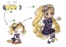Rule 34 | 1girl, :o, puff of air, blonde hair, blush, blush stickers, bonnet, chibi, cropped legs, cup, doll joints, dot nose, dress, egg, emily stewart, evolution, highres, idolmaster, idolmaster million live!, joints, kneeling, long hair, looking at viewer, no nose, pillow, pointy ears, prehensile hair, purple dress, sigh, sitting, spawnfoxy, tail, teacup, thorns, twintails, very long hair, white background