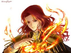 Rule 34 | 1boy, arvis (fire emblem), bad id, bad twitter id, cape, european clothes, fire, fire emblem, fire emblem: genealogy of the holy war, hanasaki komugi, long hair, looking at viewer, magic, male focus, nintendo, red eyes, red hair, simple background, solo, white background