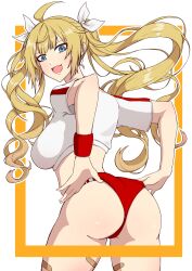 Rule 34 | 1girl, absurdres, ahoge, ass, bandaid, bandaid on leg, blonde hair, blue eyes, border, breasts, buruma, buruma pull, clothes pull, commentary, counter:side, cowboy shot, d.c (kdh4016), from behind, hair ribbon, highres, large breasts, leaning forward, long hair, looking at viewer, looking back, naielle bluesteel, open mouth, orange border, outside border, red buruma, red wristband, ribbon, shirt, short sleeves, simple background, solo, twintails, white background, white ribbon, white shirt