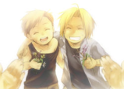 Rule 34 | 00s, 1girl, 2boys, ^ ^, aged down, ahoge, alphonse elric, arm around neck, arm around shoulder, blonde hair, brothers, child, closed eyes, dirty, edward elric, flower, fullmetal alchemist, grin, happy, holding, kl (dgzonbi), mother and son, multiple boys, off shoulder, open mouth, pov, short hair, siblings, simple background, smile, tank top, teeth, trisha elric