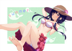 Rule 34 | 1girl, bare arms, bare legs, bare shoulders, barefoot, bikini, blush, breasts, cleavage, closed mouth, ear piercing, hair ornament, hairclip, hat, kantai collection, long hair, low twintails, medium breasts, ochikata kage, piercing, pink sarong, purple hair, red eyes, ryuuhou (kancolle), ryuuhou kai ni (kancolle), sarong, solo, sun hat, swimsuit, taigei (kancolle), twintails
