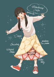 Rule 34 | 1girl, absurdres, artist name, black hair, chocolate syrup, commentary request, crepe, english text, food, food-themed clothes, fruit, full body, green background, hair ornament, hair scrunchie, highres, hood, hoodie, ice cream crepe, long skirt, long sleeves, looking at viewer, low twintails, open mouth, original, polka dot, polka dot scrunchie, red eyes, red footwear, red scrunchie, scrunchie, shoes, simple background, skirt, sneakers, solo, soramaru ell, standing, strawberry, strawberry slice, teeth, twintails, twitter username, upper teeth only, watermark, whipped cream, white hoodie, yellow skirt