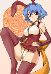 Rule 34 | 1girl, animal ears, ayamo kaoru, bare shoulders, blue hair, boots, bow, rabbit ears, carrot, chinese clothes, detached sleeves, earrings, fake animal ears, food-themed earrings, hand on own knee, jewelry, looking at viewer, original, red eyes, short hair, smile, solo, thigh boots, thighhighs