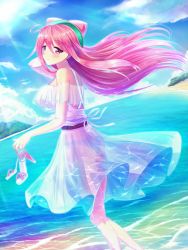 Rule 34 | 10s, 1girl, bad id, bad pixiv id, bare shoulders, beach, blush, breasts, cloud, day, dress, female focus, hacka doll, hacka doll 2, highres, holding, holding shoes, large breasts, long hair, looking at viewer, outdoors, panties, pink eyes, pink hair, see-through, shoes, unworn shoes, shore, sky, smile, solo, tooa, underwear, water