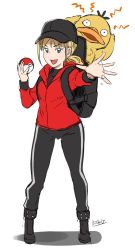 Rule 34 | 1girl, backpack, bag, black hat, blonde hair, boots, butcha-u, creatures (company), detective pikachu, detective pikachu (movie), eyelashes, full body, game freak, gen 1 pokemon, hat, jacket, lucy stevens, nintendo, open hand, open mouth, outstretched hand, poke ball, poke ball (basic), pokemon, pokemon (creature), psyduck, red jacket, smile, solo, standing