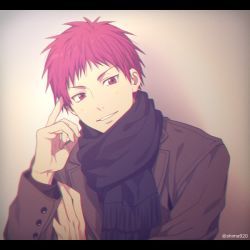 Rule 34 | 1boy, akashi seijuurou, black scarf, blush, brown coat, casual, coat, commentary request, gradient background, grey background, hand up, kuroko no basuke, letterboxed, long sleeves, male focus, mashima shima, parted lips, red eyes, red hair, scarf, short hair, simple background, smile, solo, twitter username, upper body