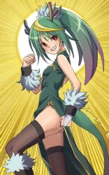 Rule 34 | 1girl, ass, blonde hair, blush, breasts, china dress, chinese clothes, chinese zodiac, dragon girl, dragon horns, dragon tail, dress, fur trim, gloves, green dress, green hair, highres, horns, long hair, looking at viewer, multicolored hair, ogi non, original, ponytail, red eyes, sharp teeth, small breasts, smile, solo, tail, teeth, thighhighs, two-tone hair, year of the dragon