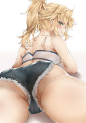 Rule 34 | 1girl, :d, ahoge, aqua eyes, ass, ass focus, bababababan, bandeau, bare shoulders, blonde hair, blush, braid, cameltoe, cleft of venus, cutoffs, denim, denim shorts, fate (series), from behind, grin, highres, long hair, looking back, lying, micro shorts, mordred (fate), mordred (fate/apocrypha), mordred (memories at trifas) (fate), nape, on stomach, open mouth, panties, partially visible vulva, ponytail, profile, shorts, sideways glance, sideways mouth, simple background, smile, solo, sweat, teeth, thighs, underwear, upshorts, white background, white panties