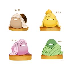 Rule 34 | bird, chai (drawingchisanne), chestnut, commentary request, food, food focus, food on head, looking at viewer, mont blanc (food), no humans, object on head, on food, original, signature, sitting on food, sweets bird, translation request, white background