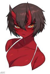 Rule 34 | 1girl, :/, black hair, blush, breasts, cleavage, closed mouth, colored skin, hair between eyes, horns, kidouko (zakusi), large breasts, looking at viewer, oni, oni horns, orange eyes, original, red oni, red skin, short hair, signature, simple background, solo, upper body, white background, zakusi
