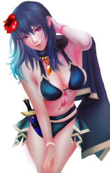 Rule 34 | 1girl, absurdres, armpits, bikini, black bikini, black cape, blue hair, breasts, byleth (female) (fire emblem), byleth (female) (summer) (fire emblem), byleth (fire emblem), cape, cleavage, closed mouth, cowboy shot, dagger, fire emblem, fire emblem: three houses, flower, hair between eyes, hair flower, hair ornament, hand in own hair, hibiscus, highres, jack (kairuhaido), knife, leaning forward, long hair, looking at viewer, medium breasts, navel, nintendo, official alternate costume, purple eyes, red flower, sideboob, simple background, smile, solo, standing, swimsuit, weapon, white background, wristband