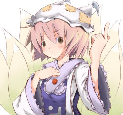 Rule 34 | 1girl, animal hat, blonde hair, blush, female focus, fox tail, hat, long sleeves, multiple tails, nidieu, mob cap, short hair, solo, stitches, tabard, tail, tassel, touhou, upper body, wide sleeves, yakumo ran