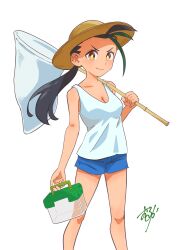 Rule 34 | 1girl, absurdres, alternate costume, black hair, blue shorts, breasts, bright pupils, brown eyes, brown hat, bug catcher (pokemon), butterfly net, cleavage, closed mouth, commentary request, creatures (company), eyelashes, game freak, green hair, hand net, hat, highres, holding, holding butterfly net, knees, long hair, medium breasts, multicolored hair, nemona (pokemon), nintendo, pokemon, pokemon frlg, pokemon sv, ponytail, shirt, shorts, simple background, sleeveless, sleeveless shirt, smile, solo, two-tone hair, white background, white pupils, white shirt, wolkat