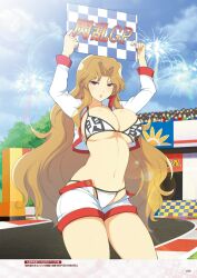 Rule 34 | 1girl, aerial fireworks, audience, bikini, bleachers, blonde hair, blue sky, blush, breasts, checkered flag, cleavage, cloud, cropped jacket, crowd, daidouji (senran kagura), day, fireworks, flag, highres, holding, holding sign, jacket, large breasts, linea alba, logo, long hair, mole, mole under eye, navel, official alternate costume, official art, open mouth, outdoors, page number, people, race queen, racetrack, red eyes, senran kagura, senran kagura new wave, senran kagura shoujo-tachi no shin&#039;ei, short shorts, shorts, sign, sky, solo, swimsuit, translation request, tree, two-tone bikini, underboob, very long hair, white shorts, yaegashi nan