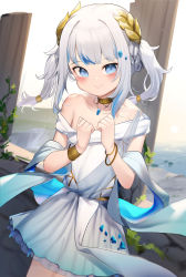 Rule 34 | 1girl, absurdres, blue dress, blue eyes, blue hair, blush, closed mouth, collarbone, commentary, dress, english commentary, gawr gura, gawr gura (party dress), gradient dress, grey hair, hagoromo, hands up, highres, hololive, hololive english, long hair, looking at viewer, multicolored hair, off shoulder, official alternate costume, pillar, see-through, shawl, smile, solo, somray, streaked hair, sun, twintails, virtual youtuber, water, white dress, white hair