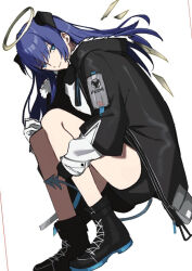 Rule 34 | 1girl, arknights, asymmetrical gloves, black footwear, black gloves, black jacket, black shorts, blue eyes, blue hair, brown wings, closed mouth, detached wings, gloves, hair between eyes, halo, horns, inu to milk, jacket, knees up, long hair, long sleeves, looking at viewer, mismatched gloves, mostima (arknights), open clothes, open jacket, puffy long sleeves, puffy sleeves, shirt, shoes, short shorts, shorts, simple background, sleeves past wrists, smile, solo, squatting, tail, very long hair, white background, white gloves, white shirt, wings