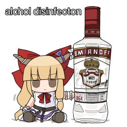 1girl alcohol asymmetrical_hair belt black_belt blonde_hair bow bowtie brown_eyes chain commentary_request english_text fumo_(doll) hair_bow horn_bow horn_ornament horns ibuki_suika jitome kasuya_baian long_hair looking_at_viewer no_nose purple_bow red_bow red_bowtie scrunchie shirt simple_background sitting skirt sleeveless sleeveless_shirt solo touhou vodka white_background white_scrunchie white_shirt white_skirt