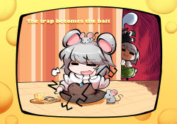 Rule 34 | 2girls, :3, = =, animal, animal ears, animal on head, around corner, border, brown dress, capelet, cheese, commentary request, dowsing rod, dress, english text, food, green skirt, green vest, grey hair, hair ribbon, head in hand, head rest, jewelry, kashuu (b-q), konpaku youmu, konpaku youmu (ghost), long sleeves, looking at another, looking away, mouse (animal), mouse ears, mousetrap, multiple girls, nazrin, on head, open mouth, peeking out, pendant, puff of air, puffy short sleeves, puffy sleeves, ribbon, shaded face, short sleeves, sitting, skirt, standing, swiss cheese, touhou, vest, white capelet, wooden floor, yellow border