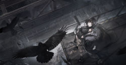 Rule 34 | 1girl, arknights, bare shoulders, bird, black hair, black shirt, black shorts, blunt bangs, blurry, blurry foreground, breasts, brown eyes, cable, closed mouth, contrapposto, crow, expressionless, from above, full body, fur trim, hair ornament, hairclip, highres, holding, holding weapon, jacket, la pluma (arknights), long coat, looking at viewer, medium breasts, off shoulder, open clothes, outdoors, pouch, scaffolding, scythe, shirt, shoes, short hair, shorts, sleeveless, sleeveless shirt, solo, stairs, standing, sunlight, thigh strap, toeless footwear, weapon, xiao feng