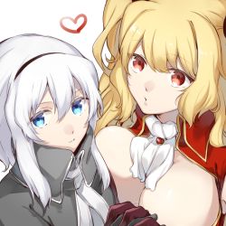 Rule 34 | 2girls, anne bonny (fate), blonde hair, blue eyes, breasts, cleavage, fate/grand order, fate (series), hairband, heart, holding hands, kan&#039;yu (citron 82), large breasts, long hair, mary read (fate), multiple girls, red eyes, short hair with long locks, silver hair, two side up