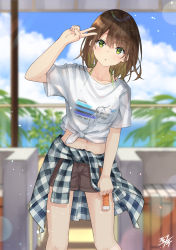 Rule 34 | 1girl, :o, arm up, armchair, blurry, blurry background, brown hair, brown shorts, chair, clothes around waist, collarbone, commentary request, day, depth of field, green eyes, hair between eyes, halterneck, highres, jacket, jacket around waist, looking at viewer, midriff, miko fly, navel, original, parted lips, plaid, plaid jacket, see-through, shirt, short shorts, short sleeves, shorts, signature, solo, standing, tied shirt, v, white shirt