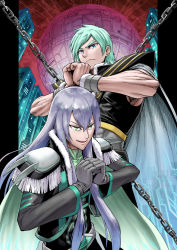 Rule 34 | 2boys, abs, aqua hair, bishounen, blue eyes, cape, chain, clenched hands, closed mouth, ear piercing, evil smile, fresh precure!, frown, gloves, green eyes, grey hair, hair between eyes, highres, itou shin&#039;ichi, long hair, looking at viewer, looking away, machine, male focus, multiple boys, muscular, open mouth, orb, own hands together, piercing, precure, smile, souler (fresh precure!), swept bangs, thick eyebrows, toned, v-shaped eyebrows, wester (fresh precure!), wrist cuffs