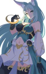 Rule 34 | 1girl, animal ear fluff, animal ears, apollousa bow of the goddess, aqua hair, black gloves, blush, breasts, clothing cutout, detached sleeves, duel monster, forehead jewel, gloves, green eyes, hand up, heichi, highres, long hair, medium breasts, midriff, navel, single detached sleeve, skirt, solo, stomach cutout, thighhighs, very long hair, yu-gi-oh!