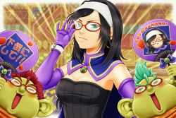 Rule 34 | 1girl, 2boys, :d, adjusting eyewear, black hair, black shirt, blush, breasts, cape, commentary request, dragon quest, dragon quest x, dwarf (dq10), earrings, elbow gloves, closed eyes, glasses, gloves, green eyes, green hair, hairband, hand fan, holding, holding fan, hoop earrings, jewelry, long hair, looking at viewer, mohawk, multiple boys, open mouth, purple gloves, red-framed eyewear, red hair, ribbed shirt, runana (dq10), shirt, sleeveless, sleeveless shirt, small breasts, smile, strapless, strapless shirt, translation request, upper body, white hairband