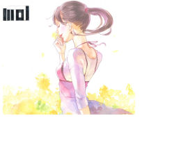 Rule 34 | 1girl, artist name, back, black hair, dress, closed eyes, floating hair, hair tie, hand to own mouth, lace trim, long hair, long sleeves, original, pink dress, pink ribbon, ponytail, red lips, ribbon, solo, spaghetti strap, upper body, yuu (mol)