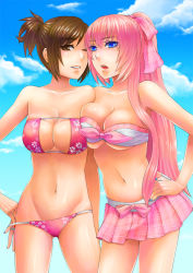 Rule 34 | 2girls, asymmetrical docking, bandeau, bare arms, bare legs, bare shoulders, bikini, bikini pull, blue eyes, blue nails, bow, breast press, breasts, brown eyes, brown hair, cleavage, clothes pull, cloud, collarbone, female focus, front-tie top, grin, groin, hair bow, hair ribbon, hand on own hip, large breasts, legs, lips, long hair, looking at viewer, megurine luka, meiko (vocaloid), microskirt, midriff, miniskirt, multiple girls, murasaki (ekyu), nail polish, navel, neck, one eye closed, open mouth, parted lips, pink hair, pink skirt, ponytail, project diva, project diva (series), project diva 2nd, pulling own clothes, red nails, ribbon, round teeth, shiny skin, short hair, short ponytail, skirt, sky, smile, standing, strapless, strapless bikini, swimsuit, teeth, thighs, underboob, vocaloid, wink, yuri