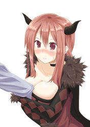 Rule 34 | 10s, 1girl, arm grab, between breasts, blush, breasts, choker, cleavage, commentary request, demon girl, fur trim, horns, hujikok, large breasts, long hair, maou (maoyuu), maoyuu maou yuusha, red eyes, red hair, simple background, white background