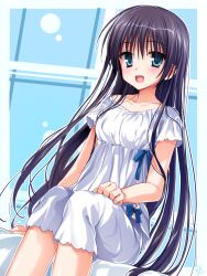 Rule 34 | 1girl, :d, aqua eyes, arm at side, black hair, blue background, blue ribbon, blush, border, chaamii, collarbone, commentary request, dutch angle, feet out of frame, hair between eyes, hand on own thigh, happy, highres, indoors, kousaka chihaya, long hair, looking at viewer, natsuzora kanata, off-shoulder shirt, off shoulder, on bed, open mouth, outside border, pajamas, ribbon, shirt, short sleeves, sidelocks, signature, simple background, sitting, smile, solo, straight hair, very long hair, white border, white pajamas, white shirt