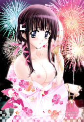 Rule 34 | 1girl, aerial fireworks, artist name, bag, bare shoulders, black hair, blue eyes, blunt bangs, blush, bow, breasts, breasts out, cherry blossoms, cleavage, comic hime dorobou, crescent, fireworks, floral print, from side, hair ornament, hair over shoulder, hair ribbon, hairclip, hand fan, highres, holding, japanese clothes, kimono, long hair, long sleeves, looking at viewer, low ponytail, night, night sky, nipples, no bra, obi, off shoulder, ogura miyuu, open clothes, original, page number, paper fan, parted lips, petals, photo background, ponytail, rabbit hair ornament, ribbon, sash, scan, sky, solo, sugiyama genshou, uchiwa, upper body, wide sleeves, yukata
